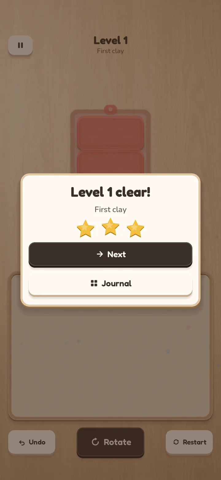 The 'Level 1 clear!' card with three gold stars and a Next button.