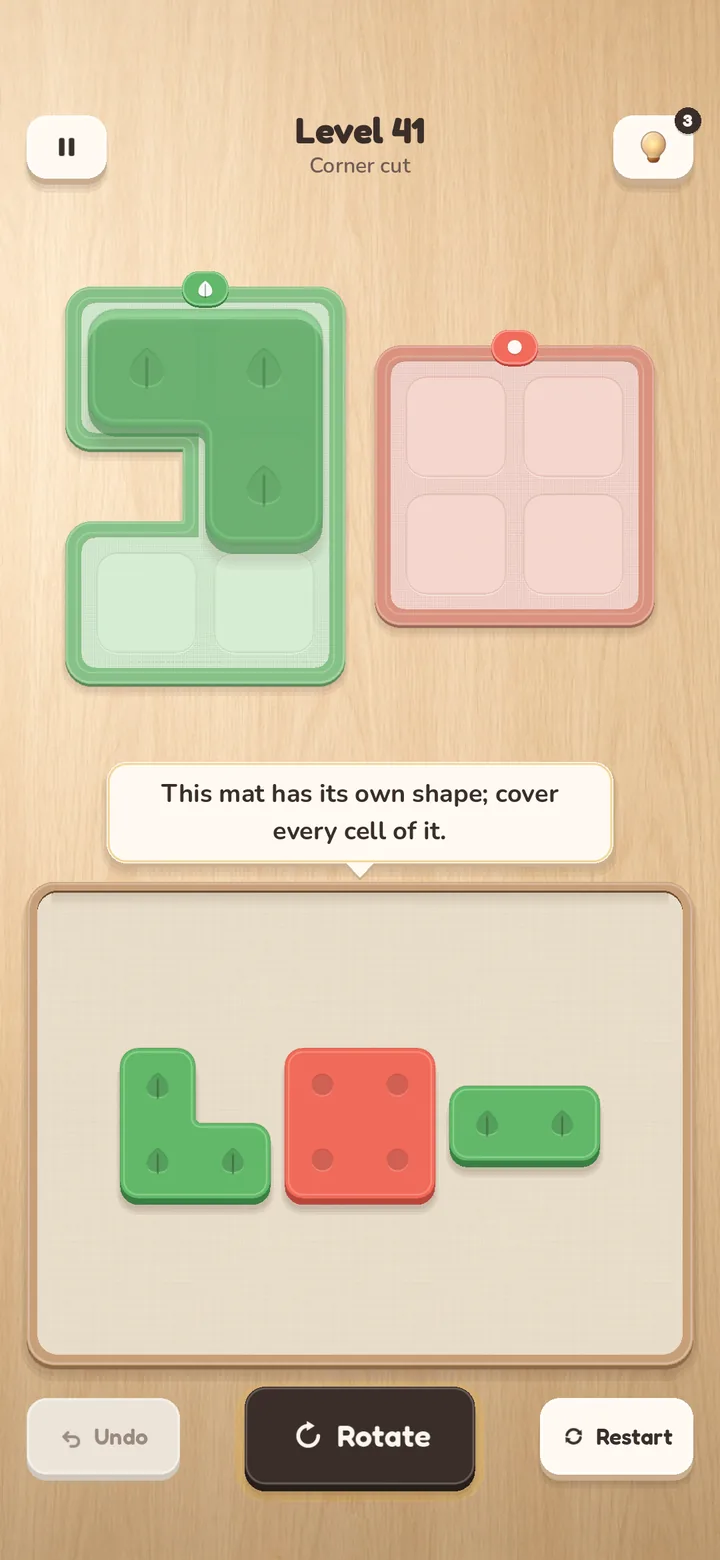 Level 41 'Corner cut': an L-shaped green mat beside a coral mat, with the tip about shaped mats.