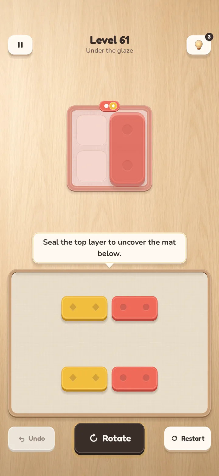 Level 61 'Under the glaze': a coral mat with a yellow layer beneath, and the tip about layers.