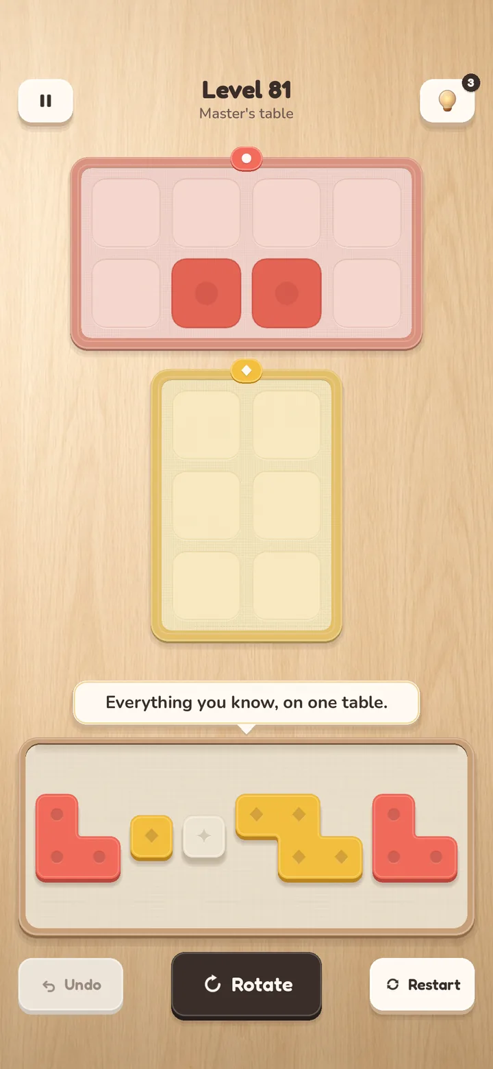 Level 81 'Master's table': a coral mat with pre-set patches and a yellow mat, with wild clay in the tray.