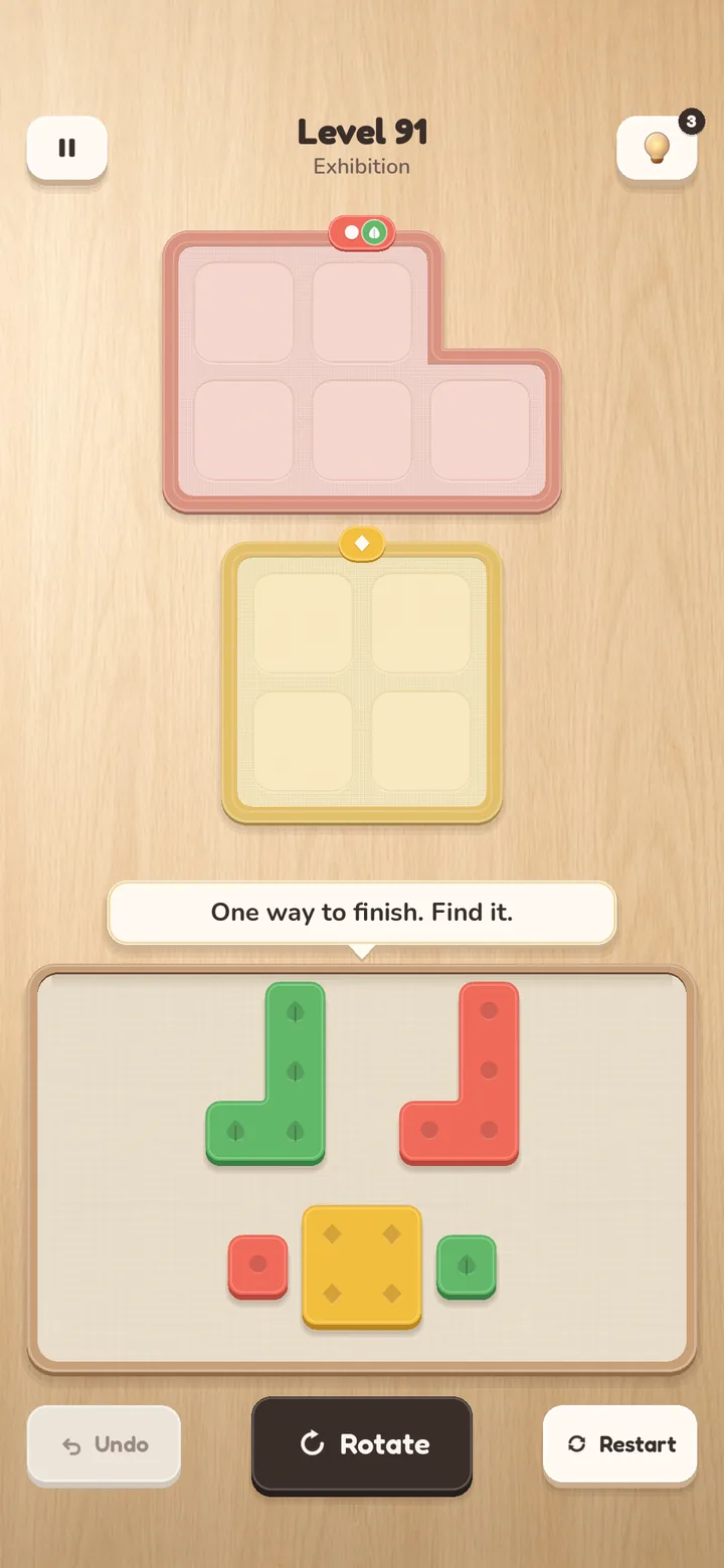 Level 91 'Exhibition' with a notched coral mat, a yellow mat and the tip 'One way to finish. Find it.'