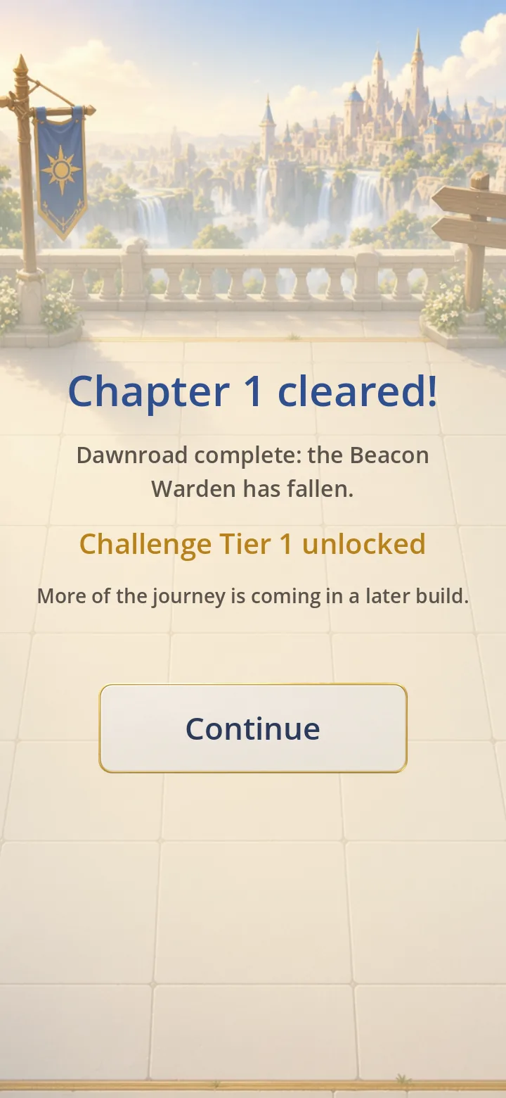 The Chapter 1 cleared screen over the hub vista: Dawnroad complete, the Beacon Warden has fallen.