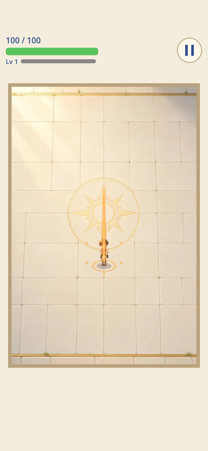 A pillar of light rising from the hero at the center of the sun-compass floor as they level up.