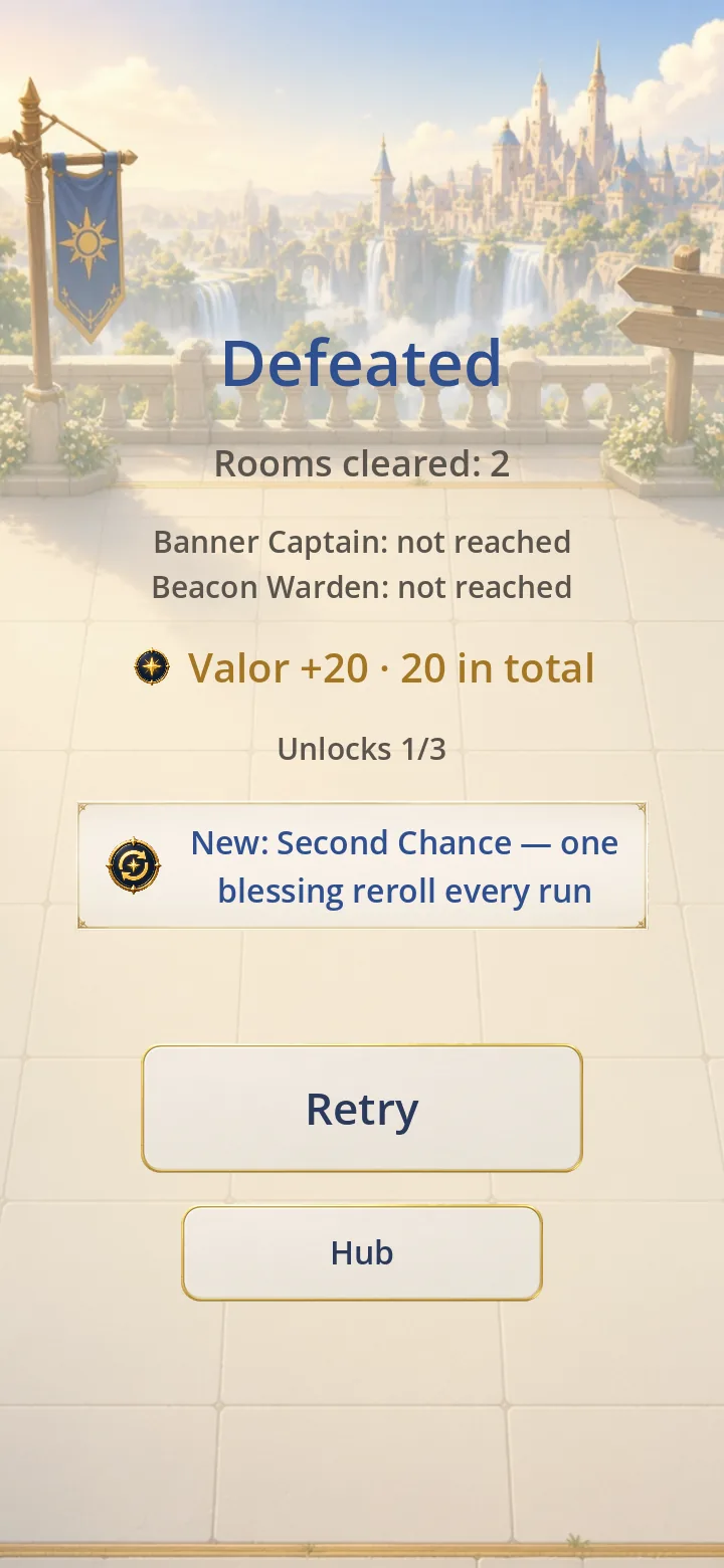 The run result after a defeat: rooms cleared, Valor earned and a new unlock, with Retry and Hub buttons.