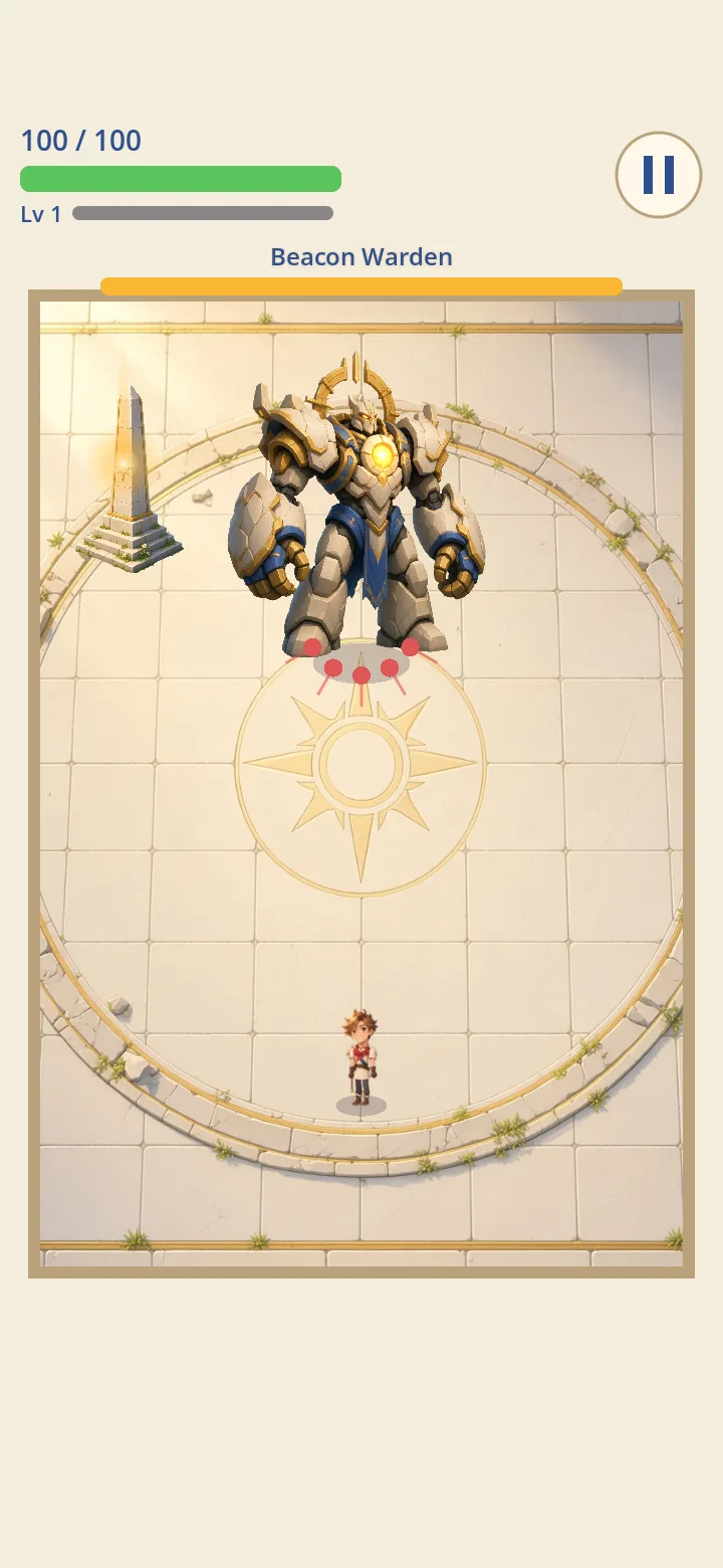 The Beacon Warden starting a Sweep, a fan of crimson orbs, while the hero waits below.