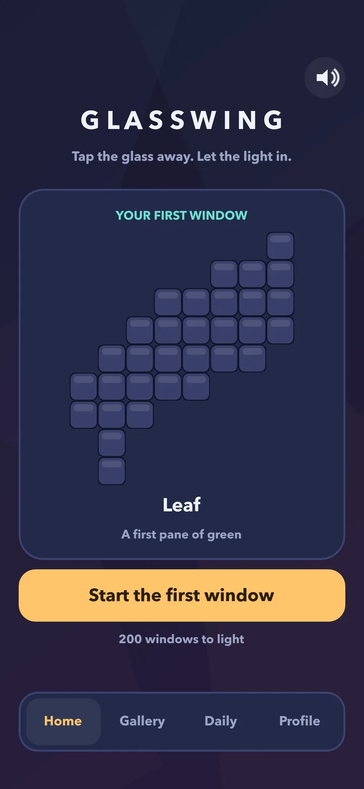 The Glasswing home screen: the first window, Leaf, waiting to be played, with Start the first window and 200 windows to light.