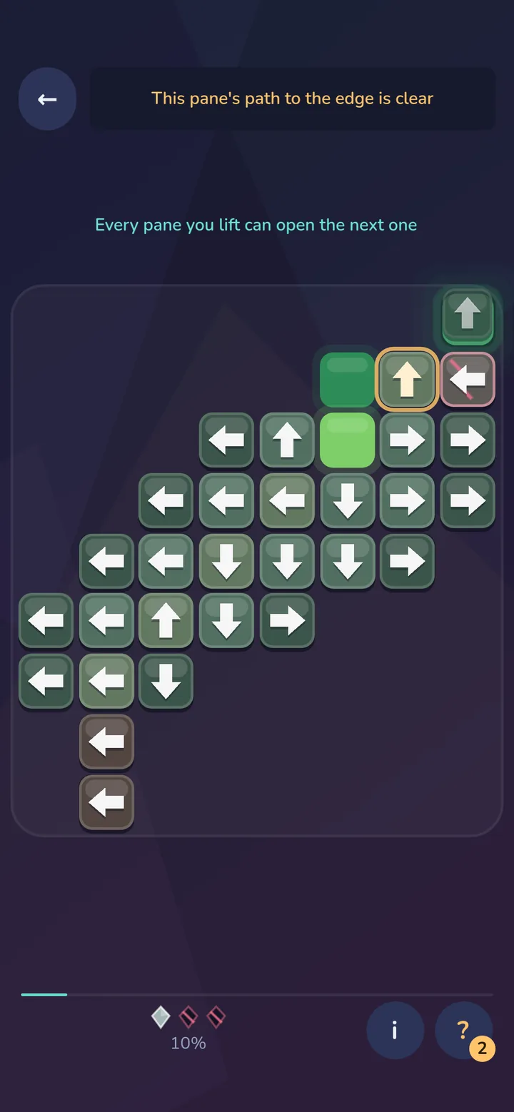 The first window, Leaf, early on: a hint outlines a pane with a clear path to the edge, one pane lifts away, a blocked pane is marked and two of three shards are cracked.