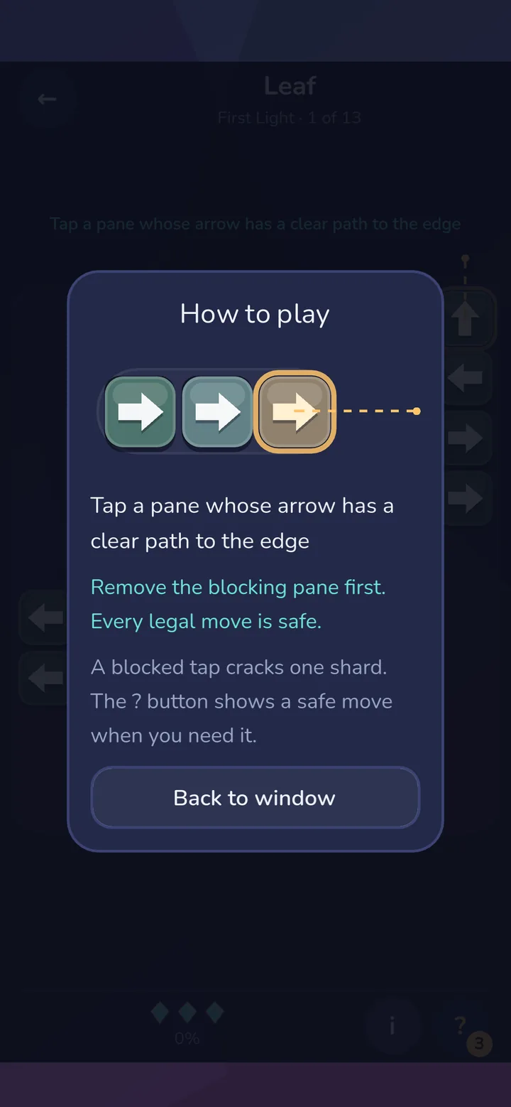 The How to play card: tap a pane whose arrow has a clear path to the edge; remove the blocking pane first; every legal move is safe.