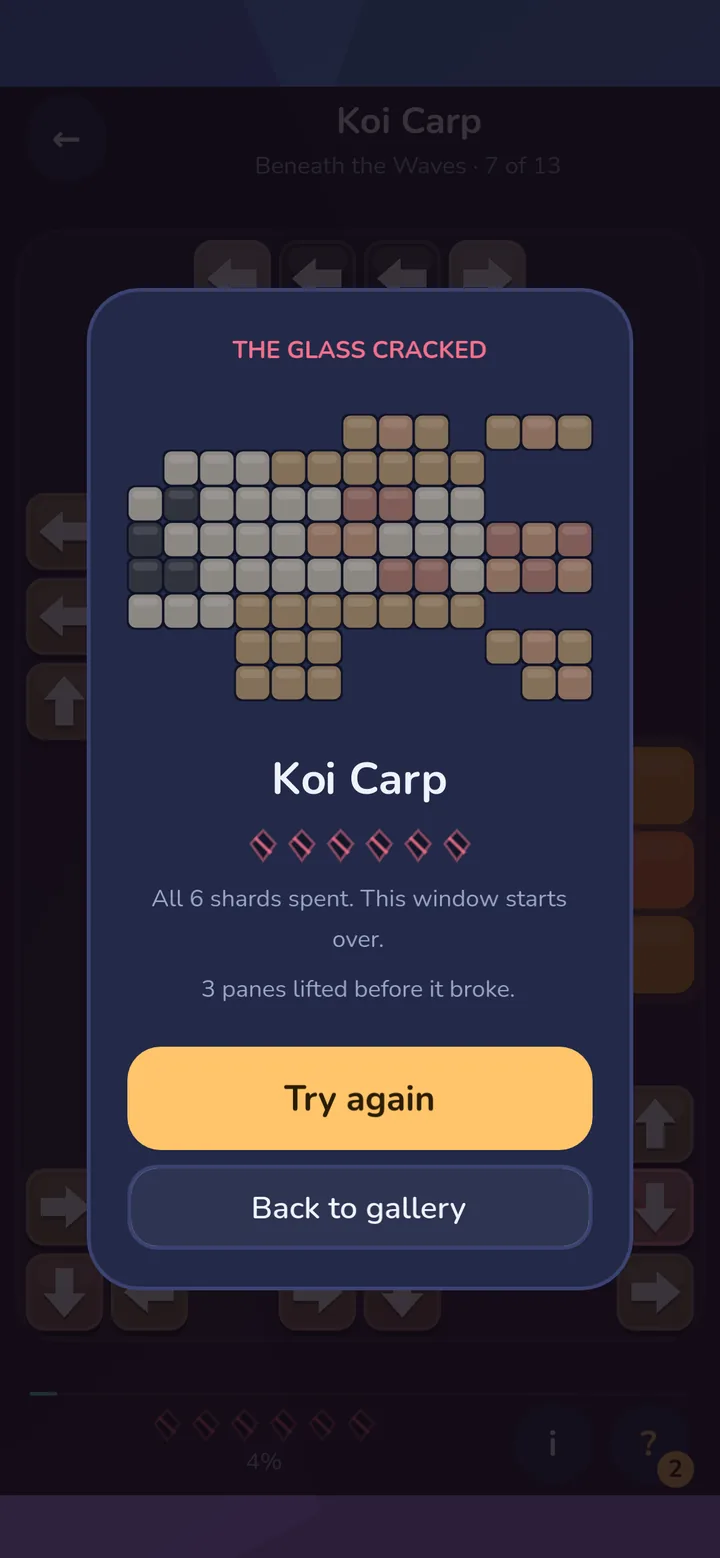 The Glass cracked card for Koi Carp: all six shards spent, with Try again and Back to gallery.