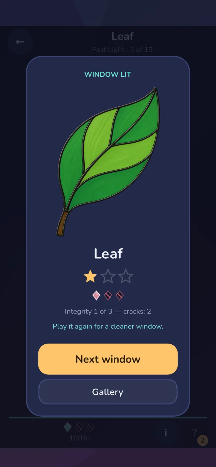 The Window lit card for Leaf: the finished stained-glass leaf with one star, after two cracks.