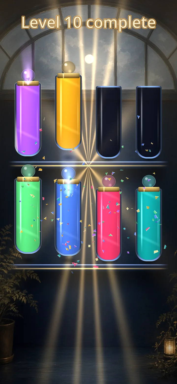 Level 10 complete: the sealed vessels glow in rays of warm light as glass confetti falls.