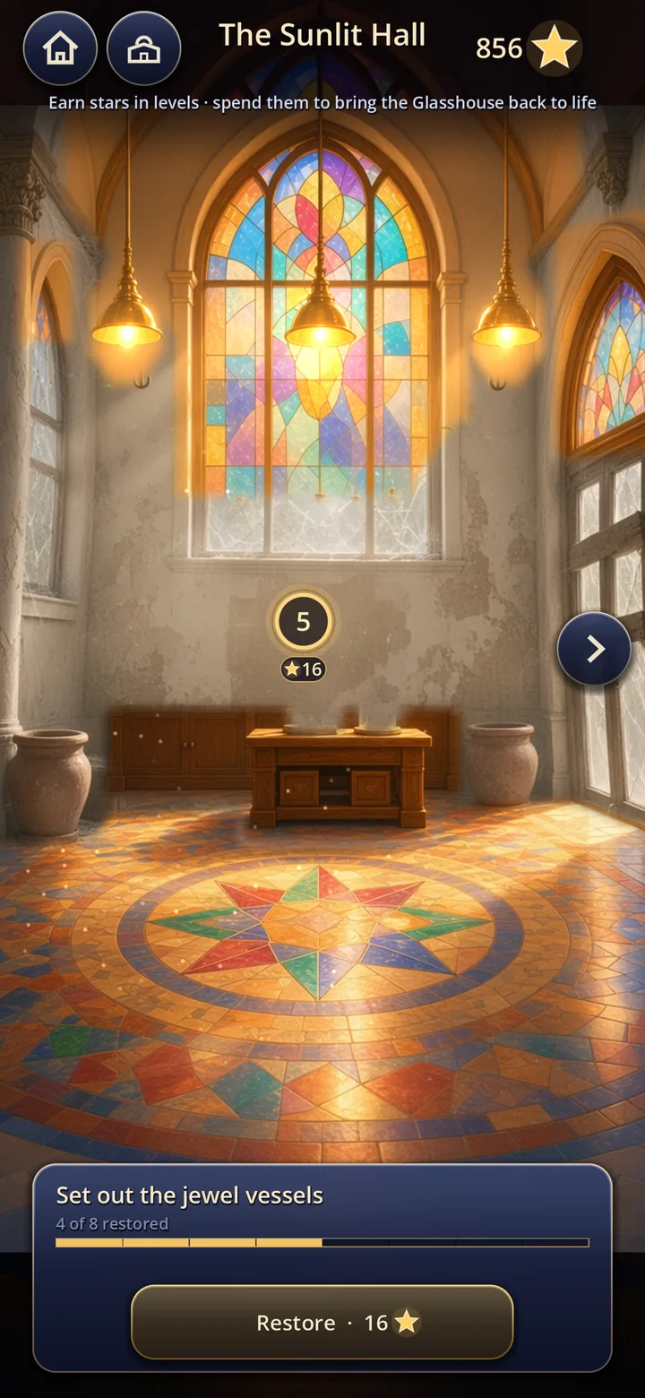 The Sunlit Hall in the Glasshouse: a stained-glass window over a mosaic floor, a numbered marker for the next task, and the card Set out the jewel vessels, 4 of 8 restored, with a Restore button for 16 Stars.