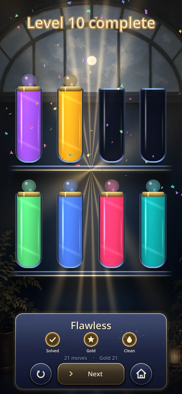 Level 10 complete: six sealed vessels and two empty ones above the plaque Flawless, with Solved, Gold and Clean lit for 21 moves against a Gold target of 21.