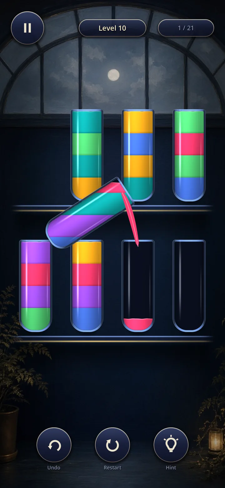 Level 10 at 1 of 21 moves: a vessel tilts over an empty one and pours a ribbon of rose liquid into it.