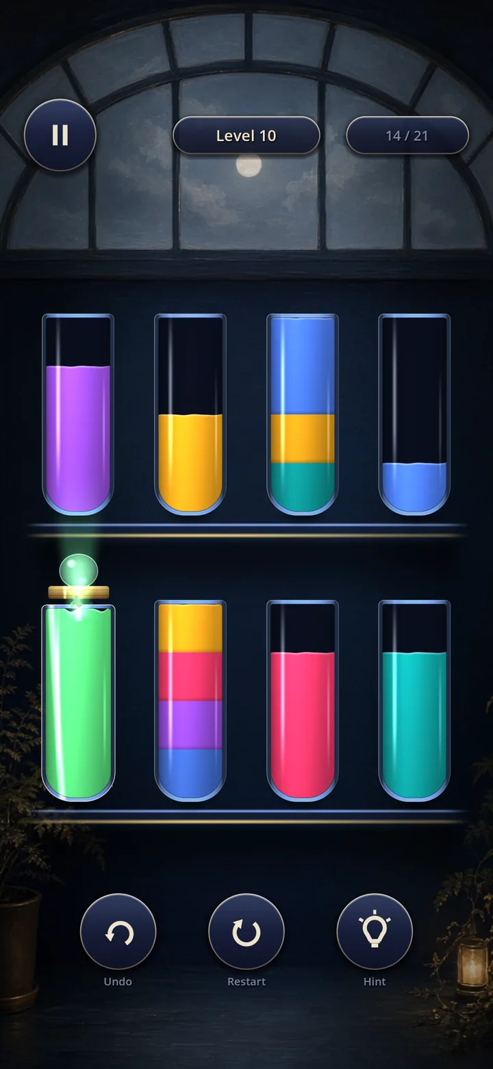 Level 10 at 14 of 21 moves: a vessel full of green liquid glows as a glass stopper in a brass collar seals it.