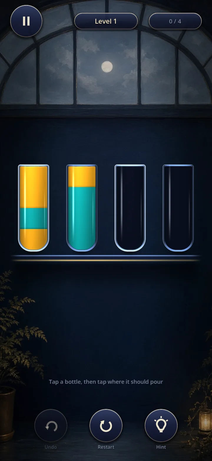 Level 1: four vessels on a shelf, two holding amber and teal layers and two empty, with the line 'Tap a bottle, then tap where it should pour'.