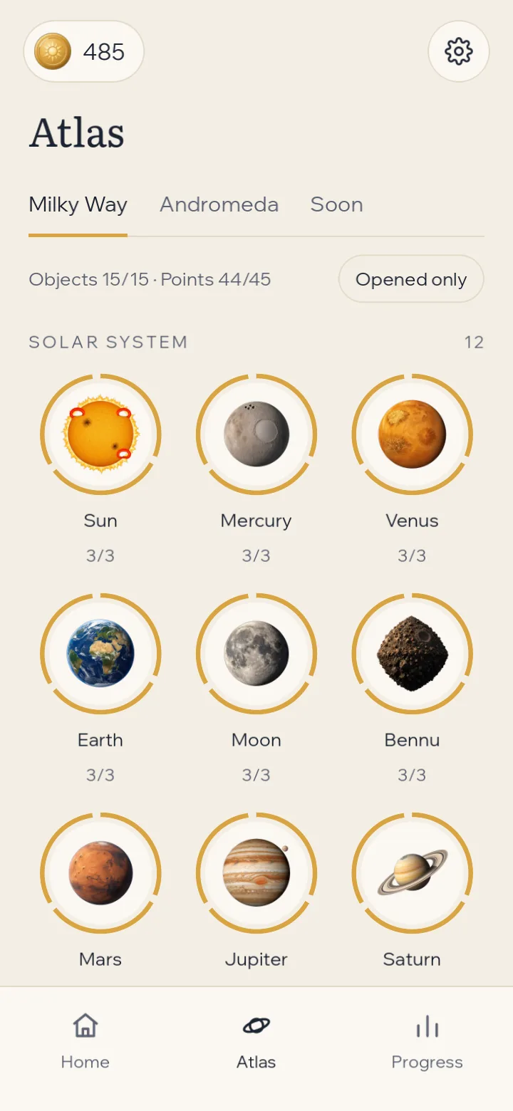 The Atlas tab for the Milky Way with the Sun, Mercury, Venus, Earth, Moon, Bennu, Mars, Jupiter and Saturn.