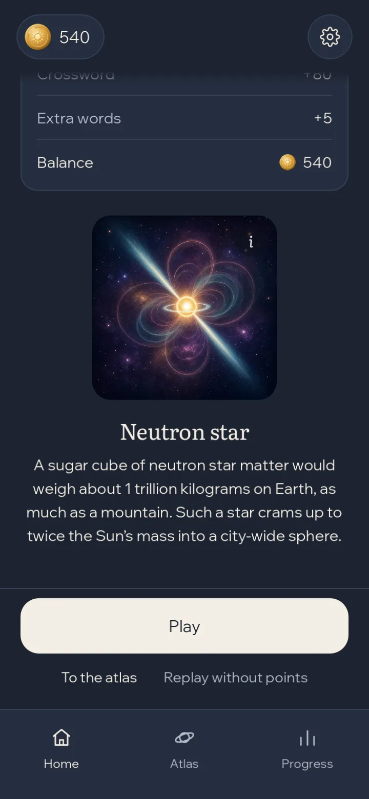 A result screen in the Night theme ending with a space fact about neutron stars.