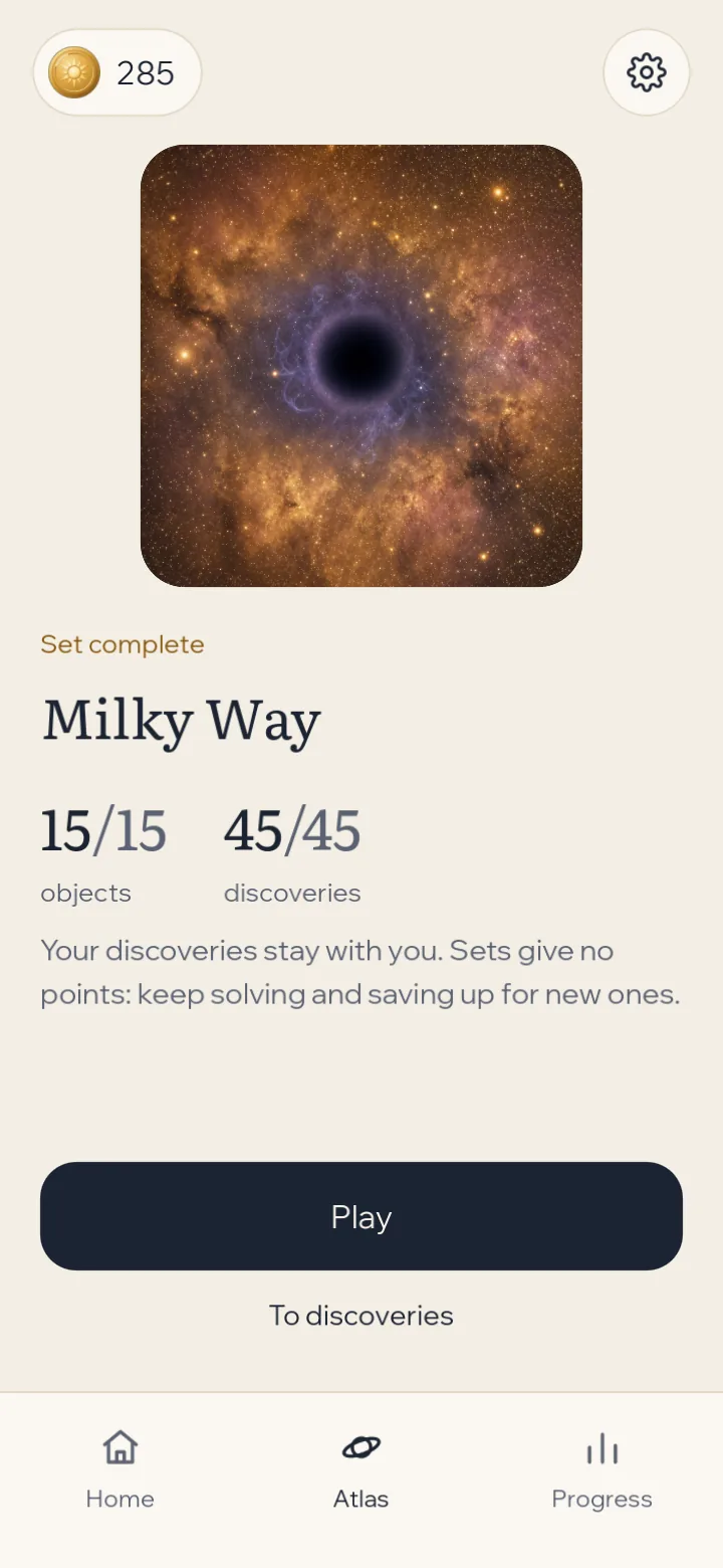 Set complete: the Milky Way, 15 of 15 objects and 45 of 45 discoveries.