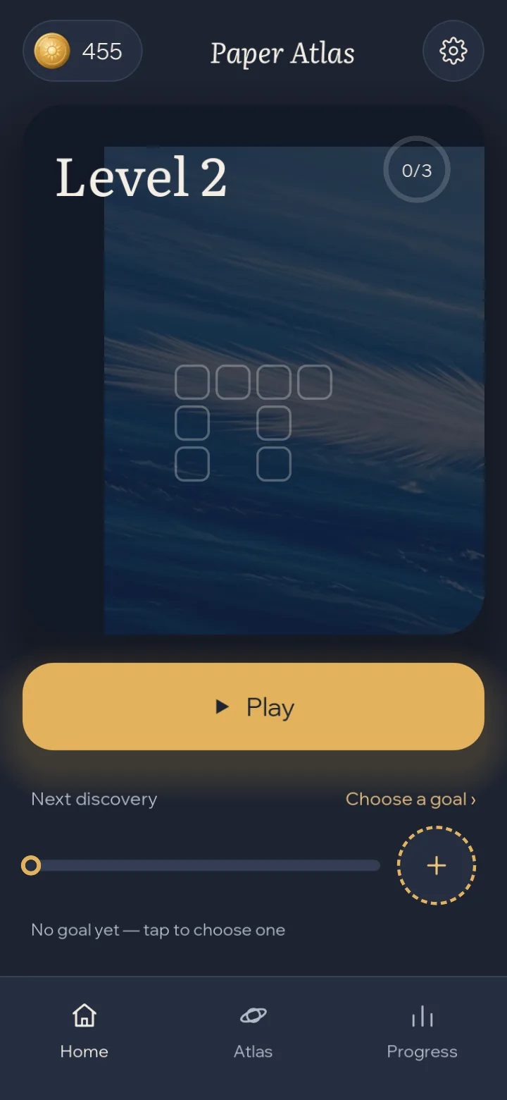 The Paper Atlas home screen in the Night theme with the Level 2 card and a Play button.
