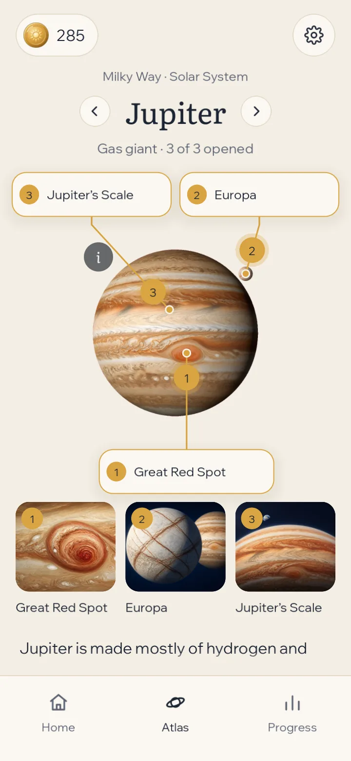 Jupiter in the atlas with three numbered points of interest: the Great Red Spot, Europa and Jupiter's Scale.