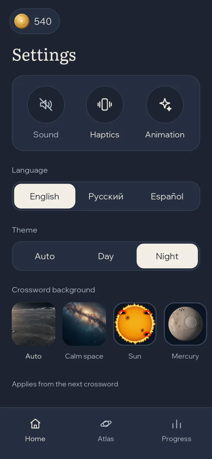 Settings in the Night theme: sound, haptics and animation, the language choice and the theme choice.